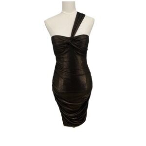 VTG Y2K Cache Womens Bodycon Metallic Mini Dress 6‎ Ruched Glam Disco Mob Wife